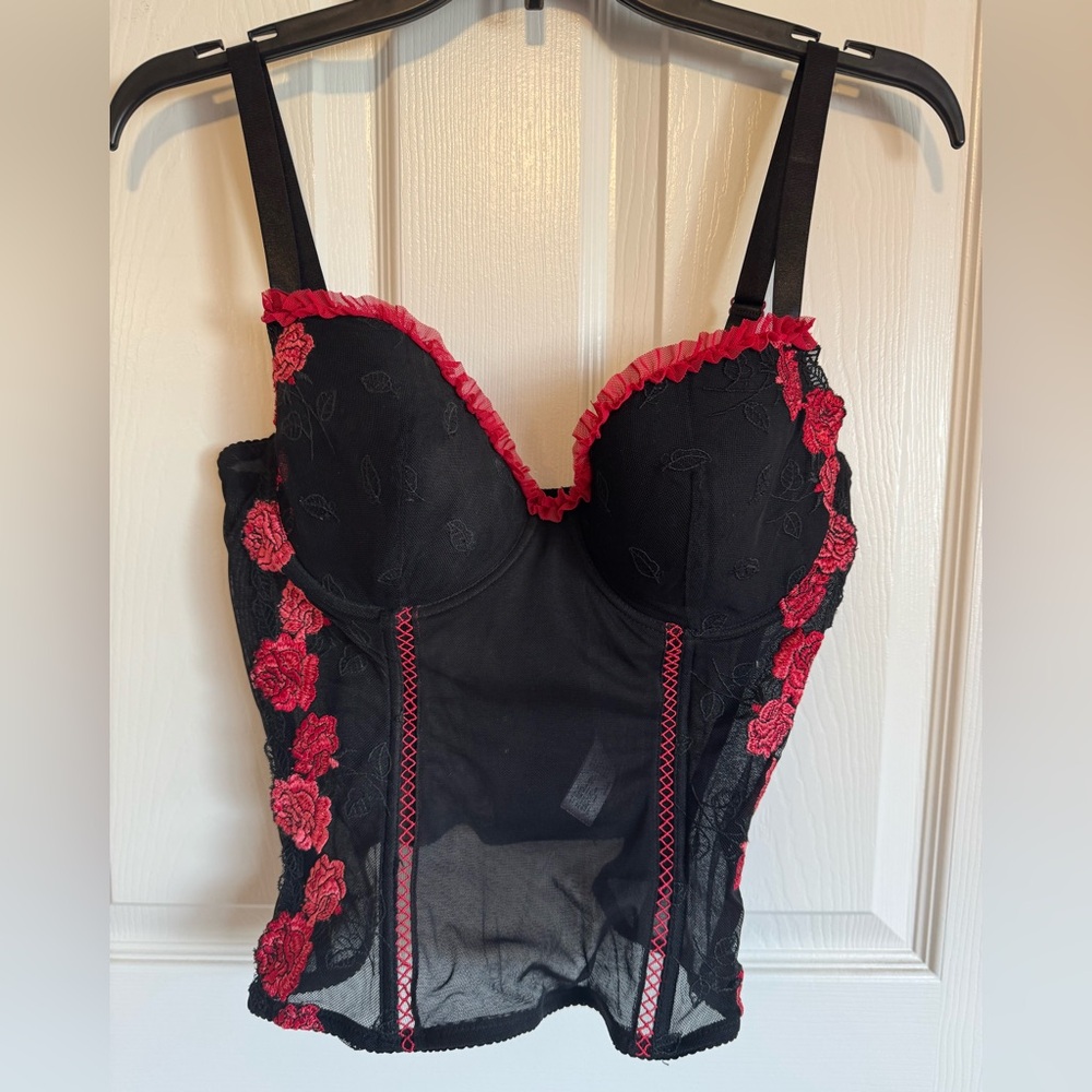 Vintage Delta Burke Black Bustier with Red Floral Lace Trim Y2K size 1X